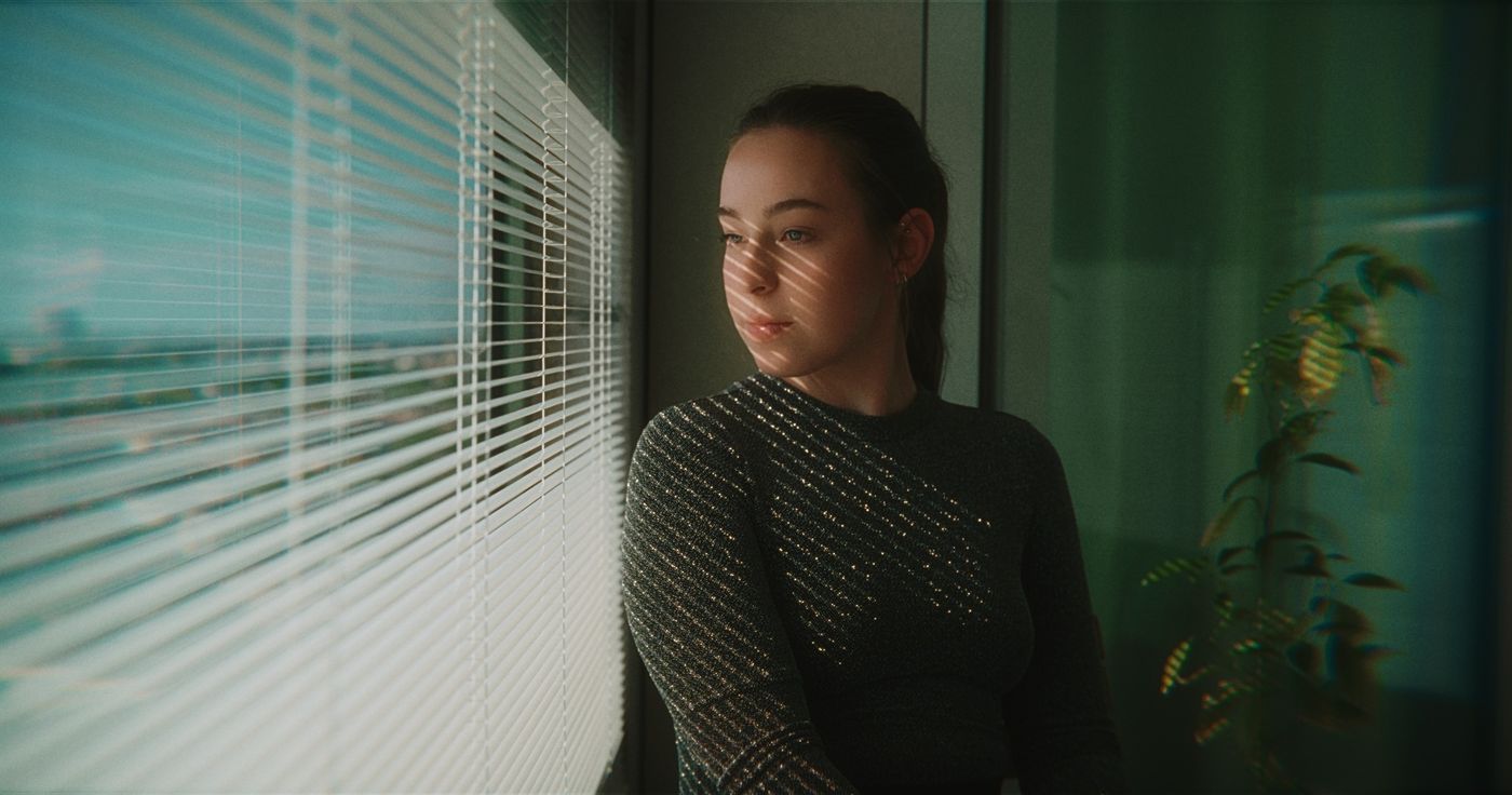 A woman in light through blinds